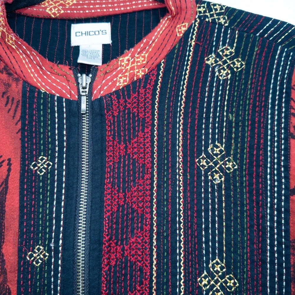 Chico's Red Indian‎ Kantha Quilt Embroidered Jacket Size 3 / XL